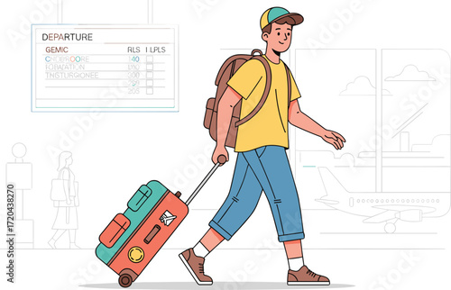 Traveler walking in airport terminal illustration, pulling suitcase, departure board background, airplane view, vector cartoon character, journey scene, travel adventure concept