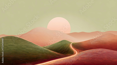 Abstract landscape with a sunset over layered green hills. An artistic depiction of the land features layered hills in warm green, pink colors with a setting sun in the background, a serene atmosphere