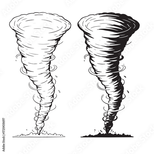 Two black and white tornado illustrations depicting powerful weather phenomena and natural disasters