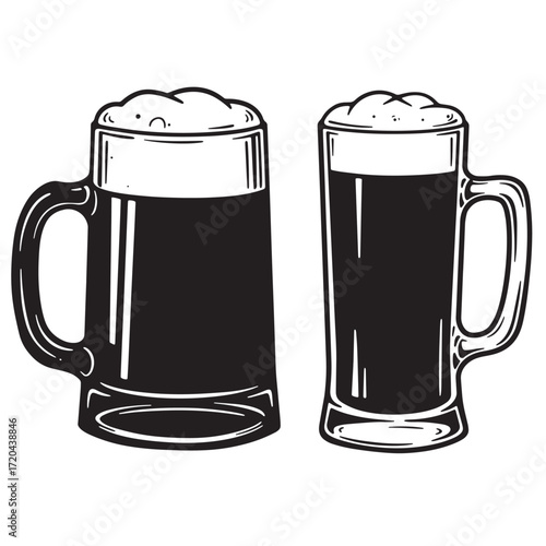 Two classic beer mugs filled with dark beer and foamy head isolated on white