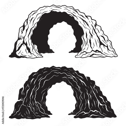 Two hand drawn cave arches vector illustration with detailed lines and solid black and white
