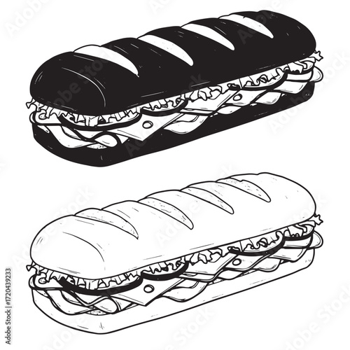 Vector illustration of a delicious sub sandwich in black and white perspective view