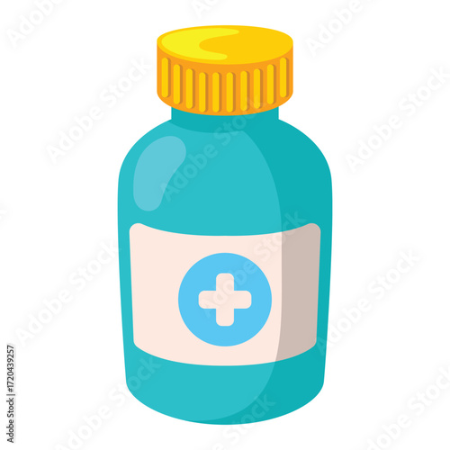 A blue bottle with a yellow cap and a white label with a blue cross