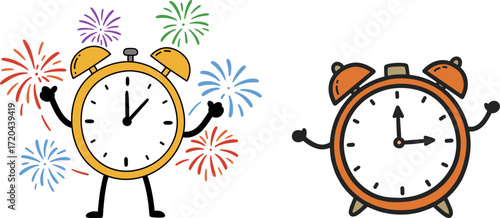 Alarm clocks celebrating New Year with fireworks in flat style illustration  