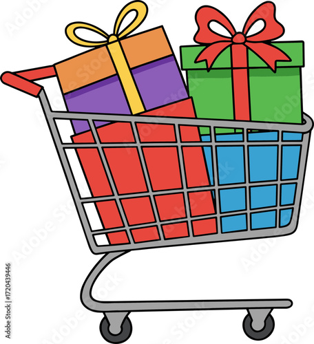 Colorful shopping cart filled with wrapped presents in a flat style design  