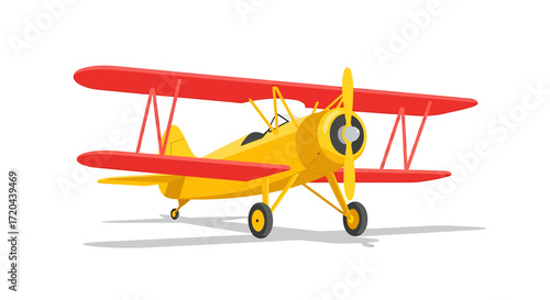 Yellow and Red Biplane Cartoon Vector Illustration on White Background