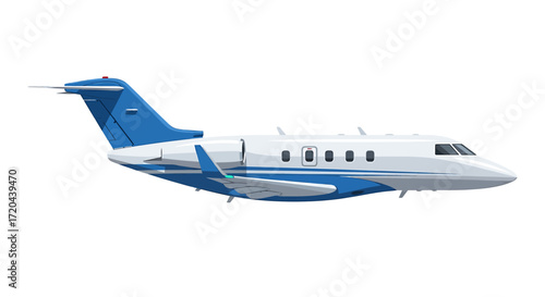 Blue and White Private Jet Airplane Vector Illustration on White Background
