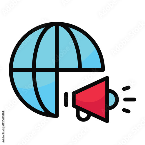 A blue globe with a red megaphone symbol