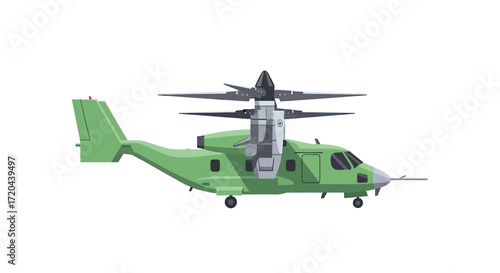 Green Military Tiltrotor Aircraft Isolated Vector Illustration