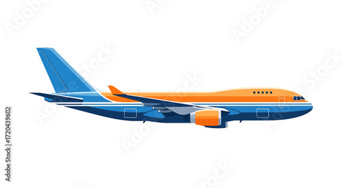 Vector Illustration of a Modern Airplane with Blue and Orange Design on a White Background