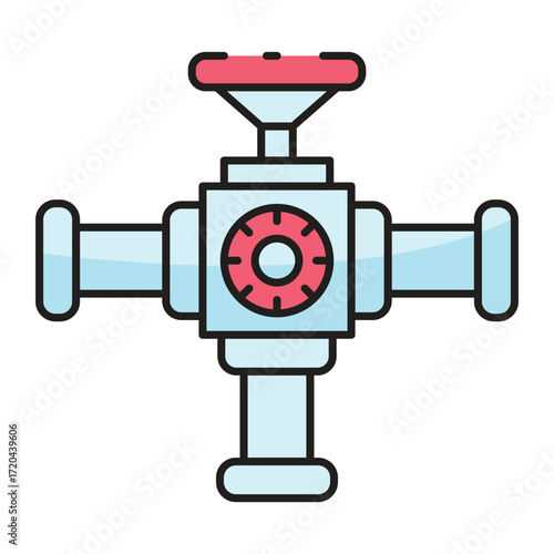 A 2D graphic of a light blue valve with red accents