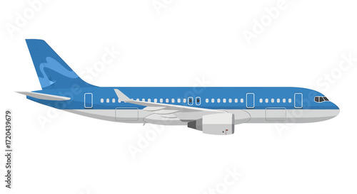Blue and White Passenger Airplane Illustration on White Background