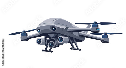 Isometric Drone Vector Illustration with Multiple Cameras Isolated on White