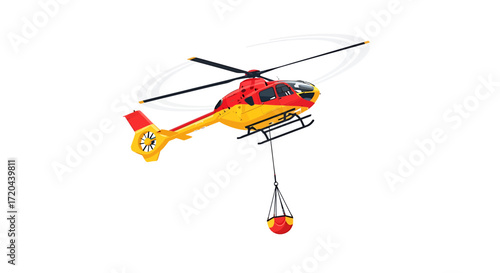 Illustration of a Firefighting Helicopter Carrying a Water Bucket on a White Background