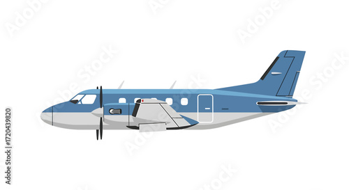 Blue and White Twin-Engine Propeller Aircraft Isolated on White Background
