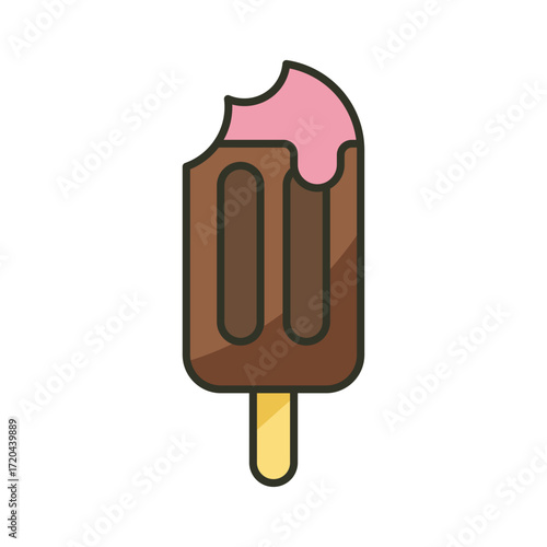 A bitten chocolate ice cream bar with pink topping on a stick