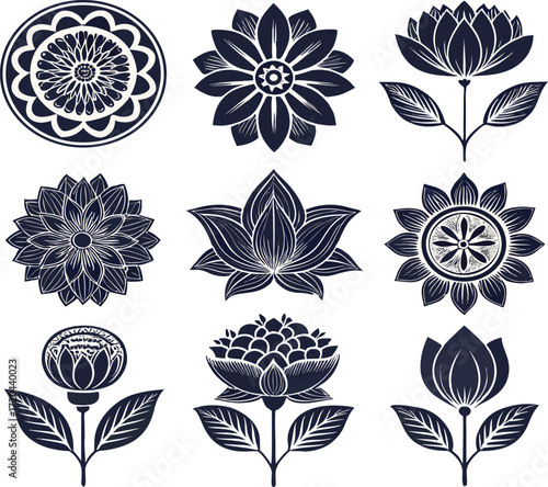 Set of 8 abstract floral symbols, fully black filled shapes, detailed petals and leaves, handcrafted look, white background, easy vector conversion, unique designs