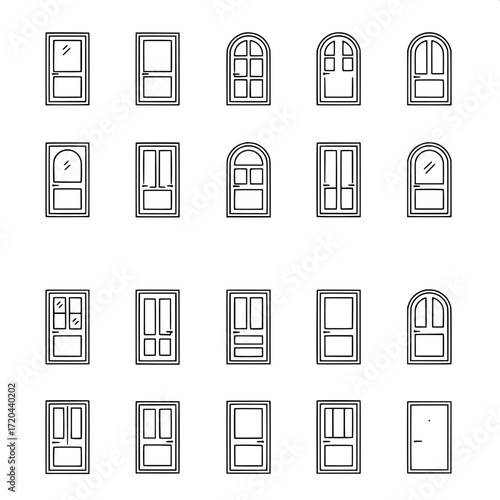 Minimal Line Art Doors
"Twenty-one door illustrations in black vector line art style. Symmetrically arranged in three rows of seven on a white background. Doors vary in shape—arched, rectangular, pane