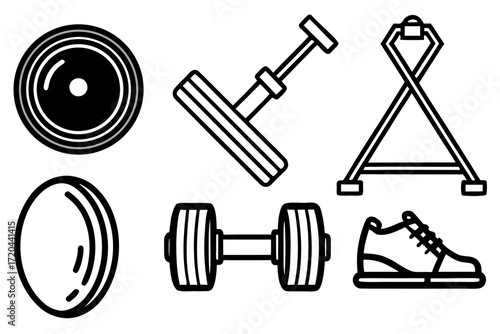Minimal Line Art Fitness and Gym Equipment Icons Vector on White Background