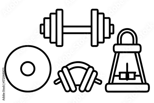 Minimal Line Art Fitness and Gym Equipment Icons Vector on White Background
