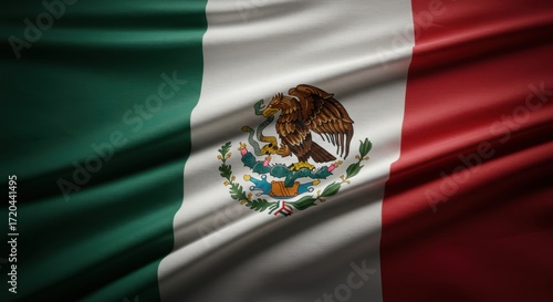 Waving flag of mexico with national emblem in the center. Mexican patriotic symbol on fabric texture.