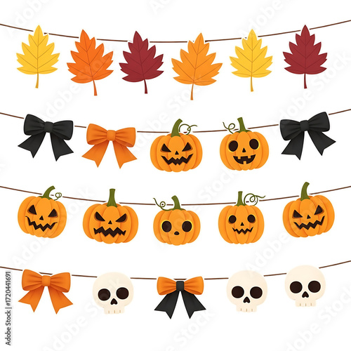 Halloween Garland with Pumpkins, Skulls, Autumn Leaves and Decorative Bows for Festive Party Design transparent background