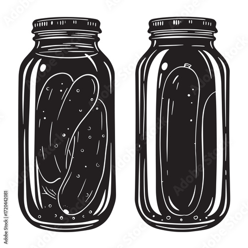 Black and white illustration of two jars of pickled cucumbers for food and design