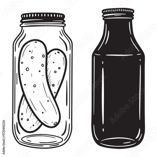 Black and white line art illustration of a jar of pickles and bottle of juice