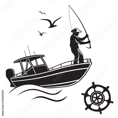 Fisherman steering small motorboat silhouette