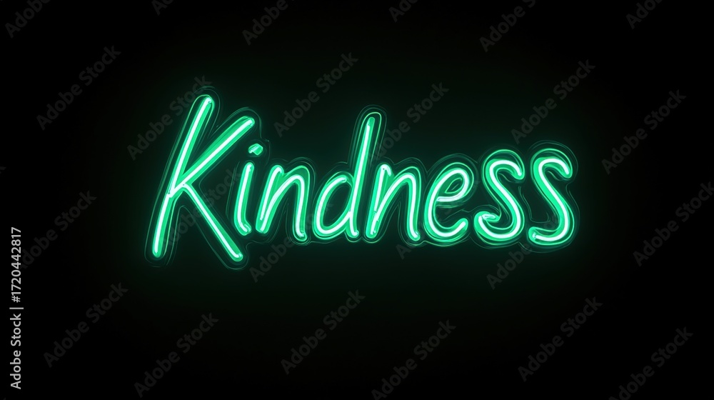 Obraz premium A glowing neon sign proclaims Kindness, its verdant light captivating against the deep expanse of the night. The image inspires the purest form of empathetic warmth. Stock Image.