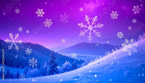 A wintery scene with falling snowflakes against a violet sky and rolling hills, depicting the magic of the season