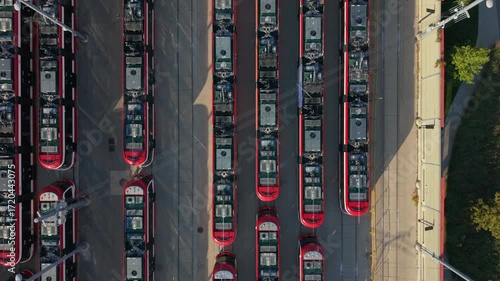 Overhead pass of streetcars parked at a storage facility