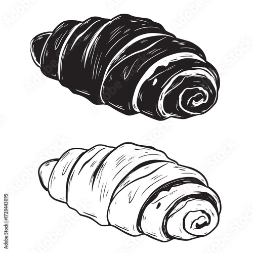 Hand drawn croissant illustration in black and white depicting classic french pastry delights