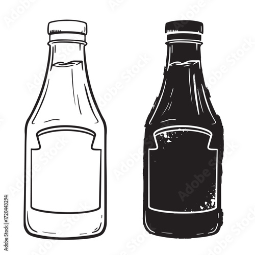Hand drawn illustration featuring two contrasting bottles of sauce for design or decoration