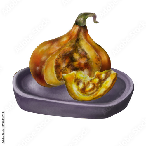 
Vector Watercolor pumpkin with slice on dish. Hand drawn illustration of a cut pumpkin with a slice placed on a ceramic plate, showing vibrant orange and yellow tones