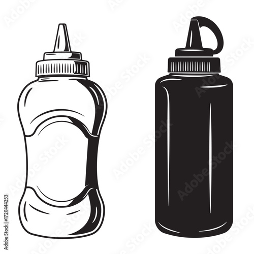 Illustration of two vintage style squeeze bottles for condiments in black and white
