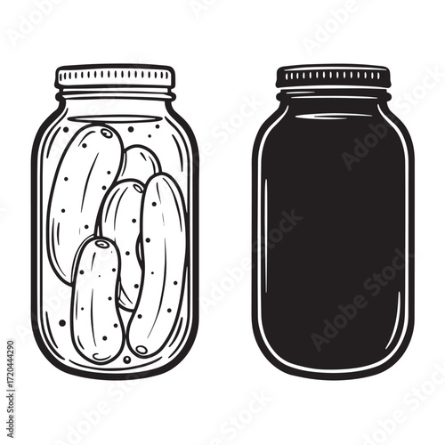 Pickles in a jar with empty jar silhouette black and white illustration