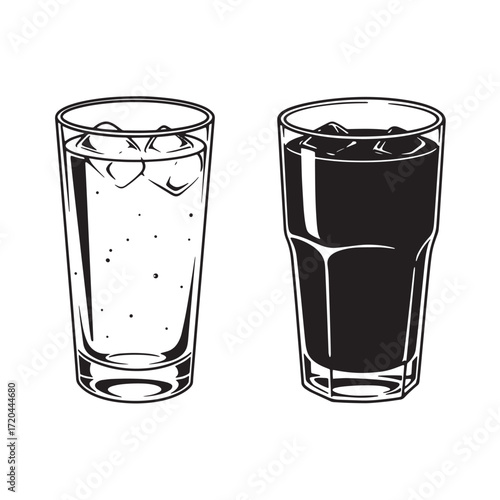 Two detailed black and white vector illustrations of refreshing drinks with ice cubes