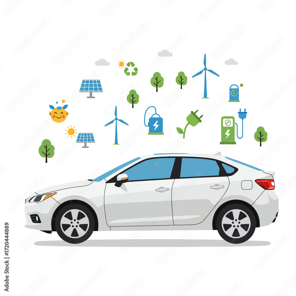 Naklejka premium Drive into a greener future with this electric car, powered by solar panels and wind energy, embracing sustainability and eco-friendly transportation solutions
