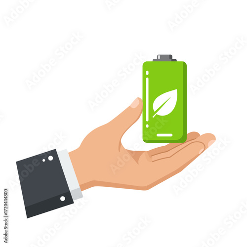 Eco-conscious business leader presenting green energy solution in hand, promoting sustainability, clean technology, and environmental responsibility initiatives