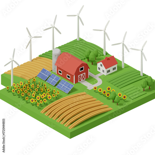 Sustainable farm illustration with solar panels, wind turbines, crops and barn, showcasing renewable energy and eco-friendly agriculture for a greener future