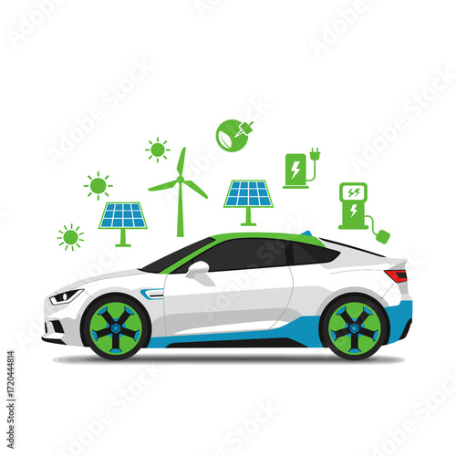 Modern electric car promotes clean energy with solar panels, wind turbine, and charging stations symbolizing sustainable future and eco friendly transportation