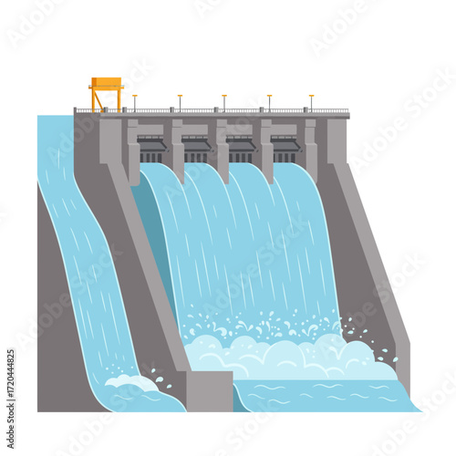 Hydroelectric dam generating power with cascading water, illustrating sustainable energy and renewable resources, symbolizing clean technology and environmental stewardship
