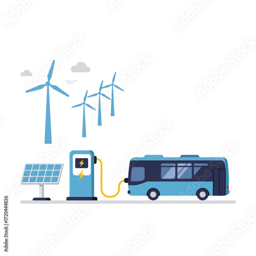 Sustainable transportation powered by clean energy from wind turbines and solar panels, creating a greener future with an electric bus for eco friendly travel