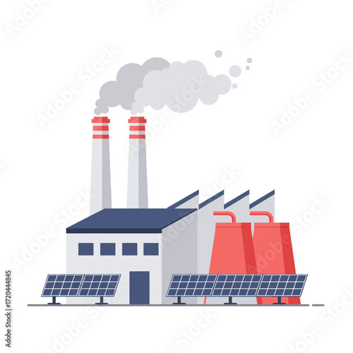 Modern industrial plant featuring solar panels and chimneys emitting smoke, showcasing energy production and environmental concerns for sustainable solutions