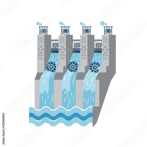 Hydroelectric dam with flowing water generating clean energy, a modern solution for power and sustainable resources, originally created as scalable vector