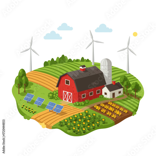 Sustainable farm with wind turbines and solar panels for clean energy, a modern idyllic scene blending agriculture and eco-friendly technology