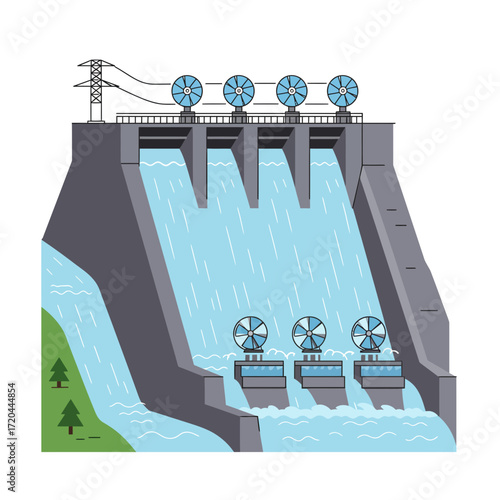 Modern hydro dam illustration producing clean energy, a sustainable future, and power generation for residential and industrial use, originally from a vector graphic