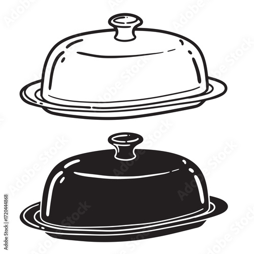 Two illustrations of cloche serving dish in white and black outline graphics