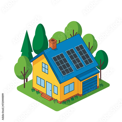 Eco-friendly modern home with solar panels, perfect for sustainable living initiatives, ideal for real estate marketing, or environmental awareness campaigns